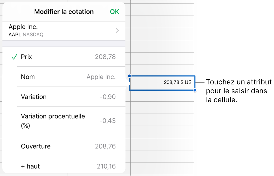 Fenêtre contextuelle Cotation dont le nom de l’action apparaît en haut et les attributs d’action sélectionnables, notamment le cours, le nom du cours, son évolution, cette évolution en pourcentage, le cours à l’ouverture et sa valeur maximale et apparaissent en bas.