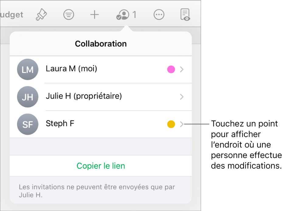 La liste des participants avec trois participants et un point de couleur différent à droite du nom de chacun d’eux.