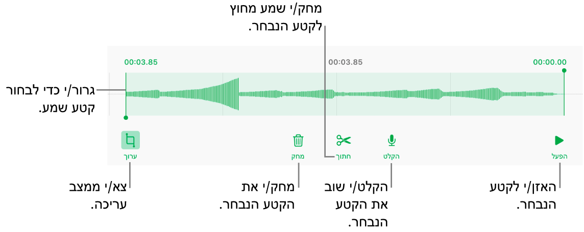 כלי הבקרה לעריכת שמע שהוקלט. ידיות האחיזה מציינות את המקטע שנבחר מתוך ההקלטה, והכפתורים ״תצוגה מקדימה״, ״הקלט״, ״חתוך״, ״מחק״ ו״מצב עריכה״ נמצאים מתחת.