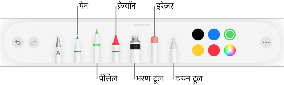 पेन, पेंसिल, क्रेयोन, भरण टूल, इरेज़र, चयन टूल और रंगों के साथ ड्रॉइंग टूलबार। एकदम दाईं ओर “अधिक” मेनू बटन है।