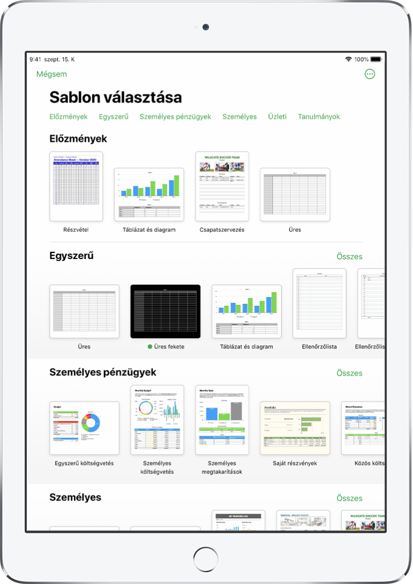 A sablonválasztó, a kategóriák sorával a felső részén, ahonnan a szűrési feltételek választhatók ki. Alatta a kategóriák alapján sorokba rendezett előre elkészített sablonok bélyegképei láthatók. Elsőként az Előzmények kategória látható, melyet az Egyszerű és a Személyes pénzügyek kategória követ. Minden egyes sor jobb oldalán egy Összes megtekintése gomb látható. A Nyelv és régió gomb a jobb felső sarokban látható.
