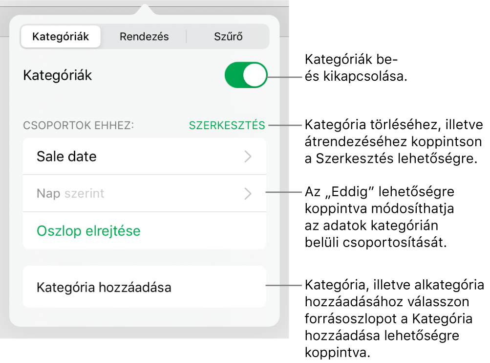 A Kategóriák menü iPad esetén, beállításokkal a kategóriák kikapcsolásához, a kategóriák törléséhez, az adatok átcsoportosításához, forrásoszlop elrejtéséhez és kategóriák hozzáadásához.