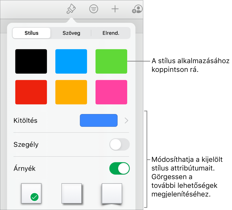 A Formátum gombbal elérhető Diagram lap felül a diagramstílusokkal, alul pedig a Diagrambeállítások gombbal.