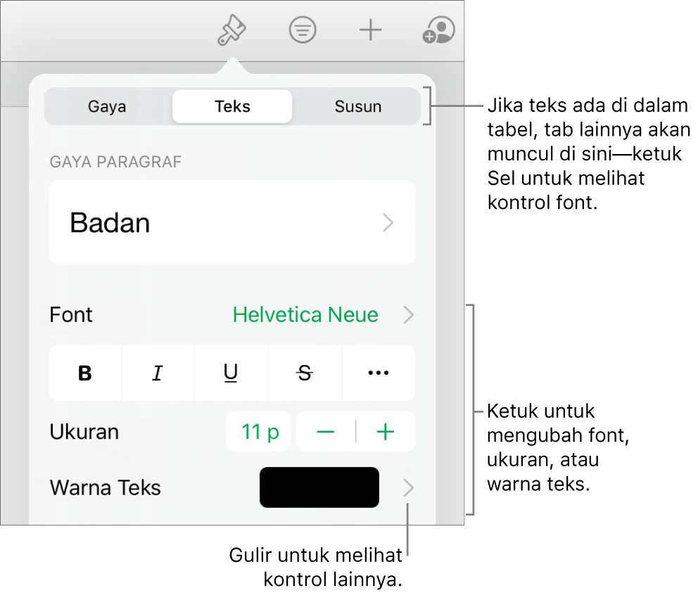Kontrol teks di menu Format untuk mengatur paragraf dan gaya karakter, font, ukuran, dan warna.