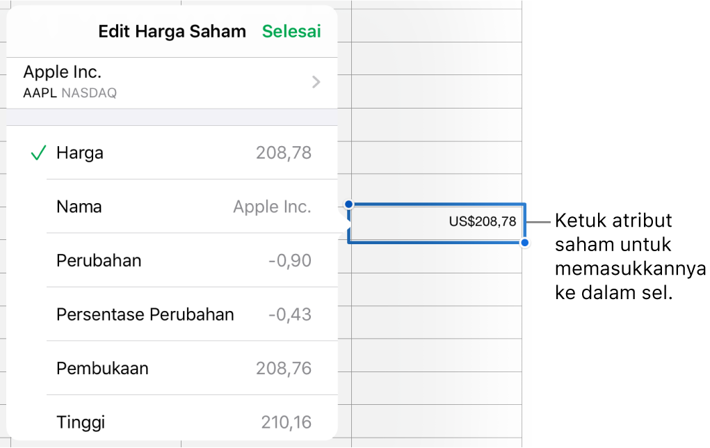 Popover harga saham, dengan nama saham di bagian atas, dan atribut saham yang dapat dipilih meliputi harga, nama, perubahan, persentase perubahan, pembukaan, dan tinggi dicantumkan di bawah.