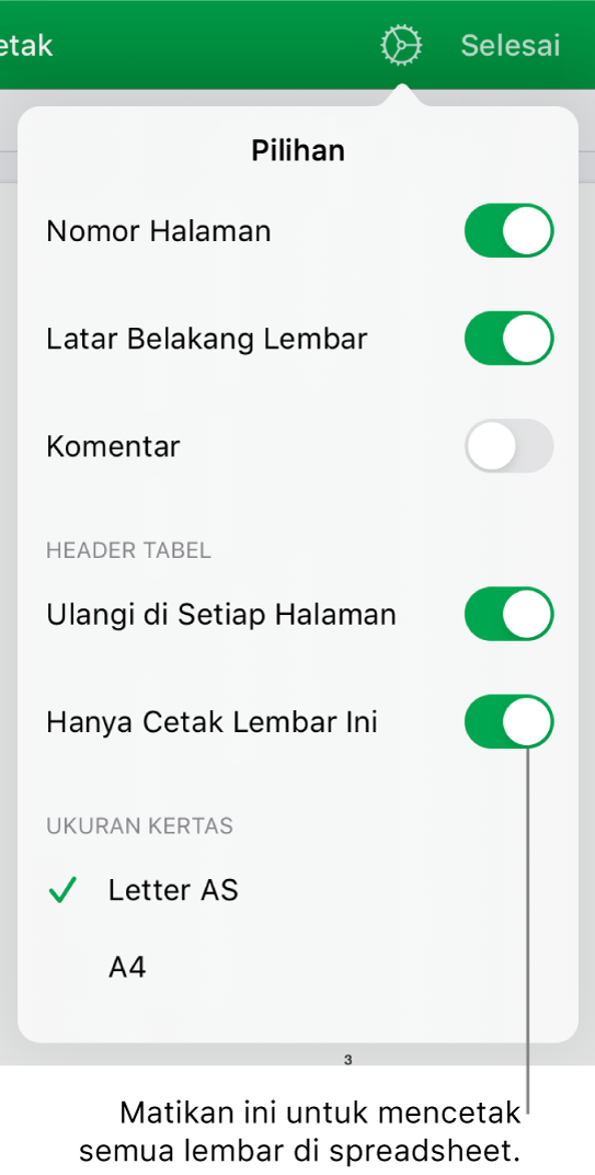 Untuk mencetak panel pratinjau, dengan kontrol untuk menampilkan nomor halaman, mengulangi header di tiap halaman, mengubah ukuran kertas, atau memilih untuk mencetak seluruh spreadsheet atau hanya lembar yang sedang dibuka.