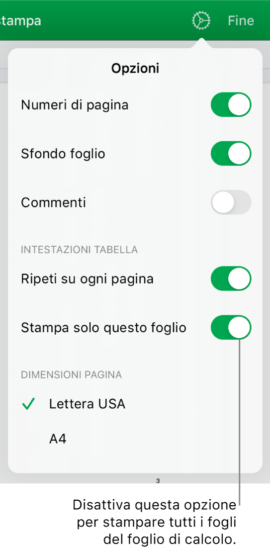 Pannello dell'anteprima di stampa con controlli per visualizzare i numeri di pagina, ripetere le intestazioni su ogni pagina, modificare le dimensioni della pagina e scegliere se stampare l'intero foglio di calcolo o solo il foglio attuale.