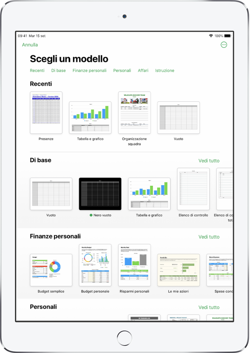 “Scelta modelli”, in cui è visibile una riga di categorie nella parte superiore dello schermo che puoi toccare per filtrare le opzioni. Sotto ci sono delle miniature di modelli con design predefinito disposte in riga per categoria, a partire da Recenti in cima e seguite da “Di base” e “Finanze personali”. Viene visualizzato un pulsante “Vedi tutto” in alto e a destra di ciascuna riga della categoria. Il pulsante relativo a lingua e zona si trova nell'angolo superiore destro.
