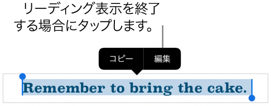 文章が選択され、その上のコンテクストメニューに「コピー」ボタンと「編集」ボタンが表示された状態。