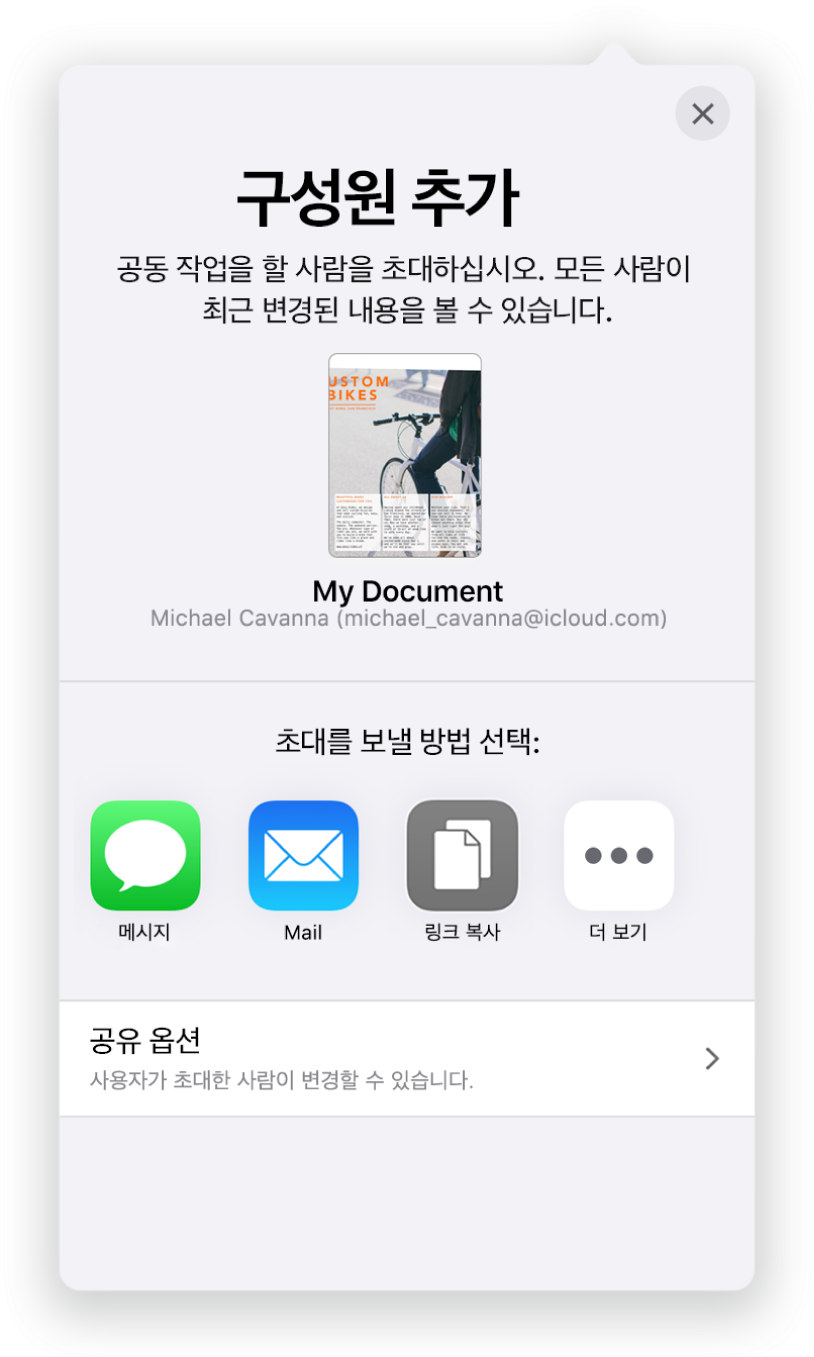 공유할 스프레드시트의 그림이 표시된 구성원 추가 화면. 그 아래에는 Mail, 링크 복사 및 기타를 포함하여 초대를 보내는 방식에 대한 버튼이 있습니다. 하단에 공유 옵션 버튼이 있습니다.