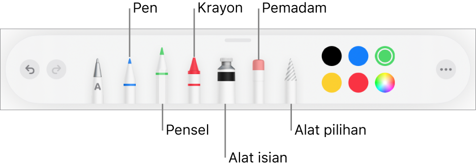 Alat bar lukisan dengan pen, pensel, krayon, alat isian, pemadam, alat pilihan dan warna. Di hujung kanan ialah butang menu Lagi