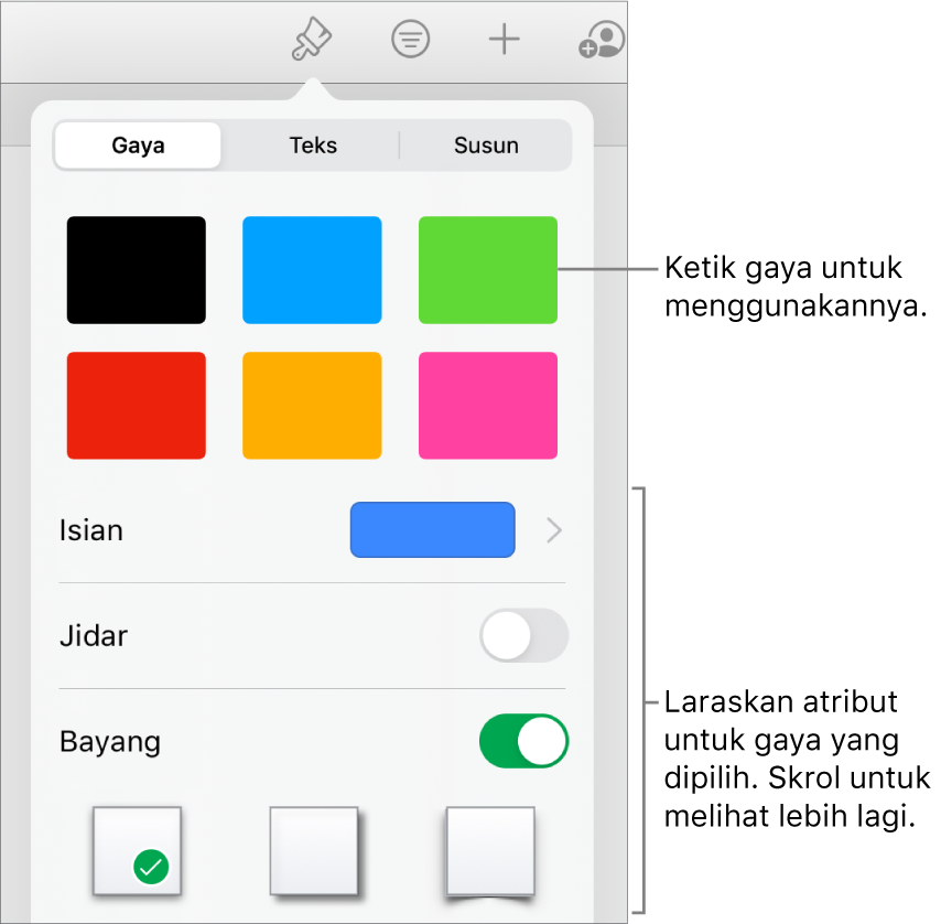 Tab Carta pada butang Format dengan gaya carta di bahagian atas dan butang pilihan Carta di bawah.