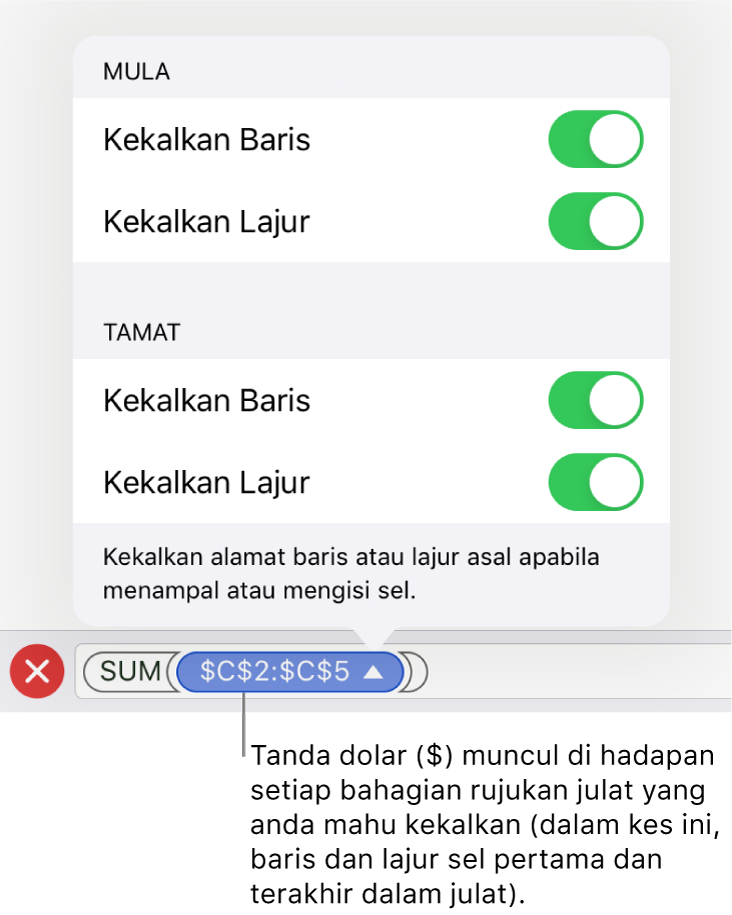 Kawalan untuk menentukan rujukan baris dan lajur sel yang perlu dikekalkan jika sel dialihkan atau disalin. Simbol dolar muncul sebelum setiap bahagian rujukan julat yang anda mahu kekalkan.