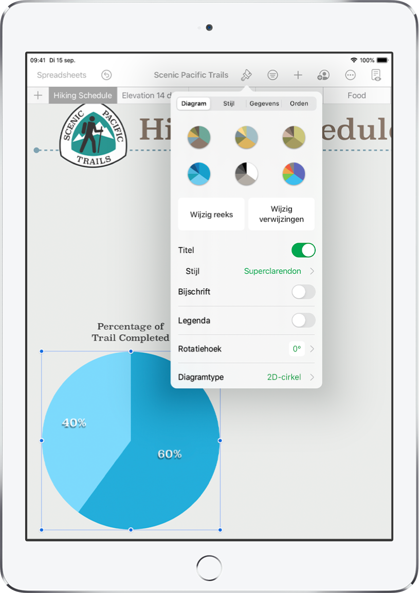 Een cirkeldiagram met percentages van gelopen routes. Ook het opmaakmenu is geopend met daarin verschillende diagramstijlen en opties voor het wijzigen van de reeks of diagramverwijzingen, het in- of uitschakelen van de diagramnaam of legenda, het aanpassen van de rotatiehoek van het diagram en het wijzigen van het diagramtype.