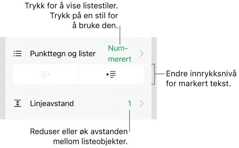 Punkttegn og lister-delen i Format-kontroller med bildeforklaringer for Punkttegn og lister, utrykk- og innrykk-knapper og linjeavstandskontroller.