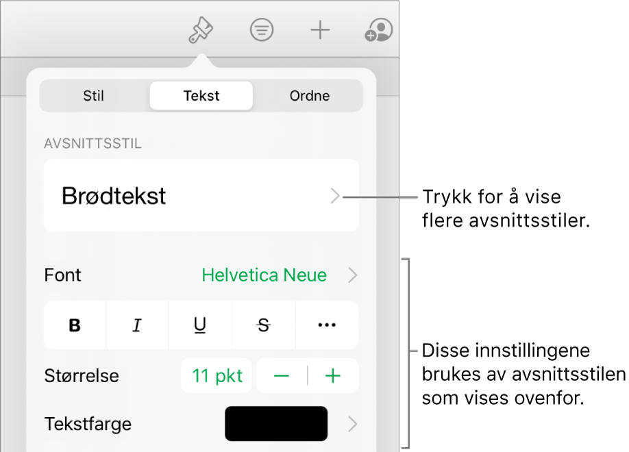 Format-menyen som viser tekstkontroller for å angi avsnitts- og tegnstiler, font, størrelse og farge.