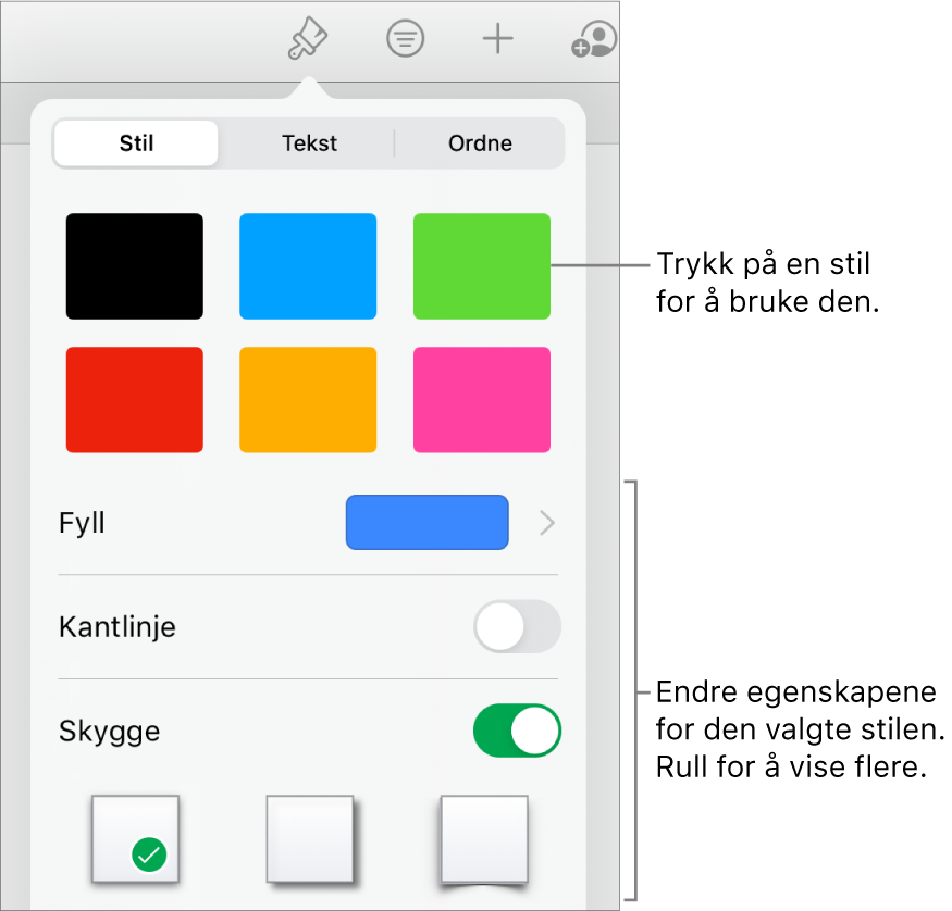 Stil-fanen i Format-menyen, med figurstiler øverst og en kontroll under for endre fyll, kantlinjen og skygger.