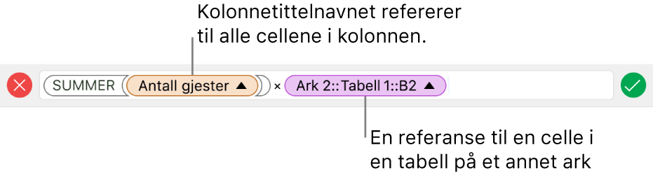 Formelredigeringen, som viser en tabell som refererer til en kolonne i én tabell og en celle i en annen tabell.