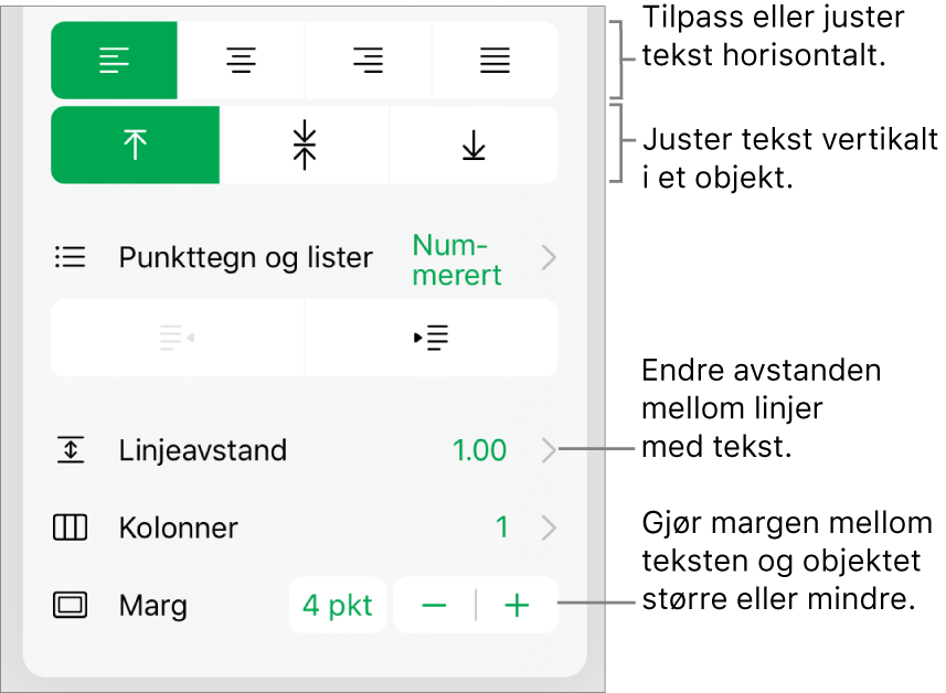 Layout-delen i formatinspektøren, med bildeforklaringer for tekstjusterings- og avstandsknappene.