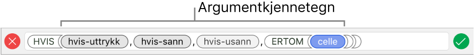 Formelredigeringen, som viser en funksjon med argumentelementer.