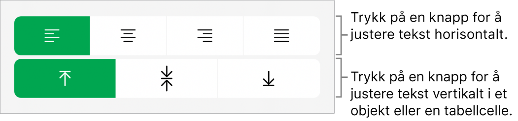 Knapper for horisontal og vertikal justering av tekst.