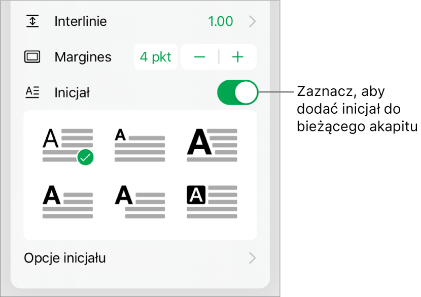 Narzędzia inicjału znajdujące się na dole menu Tekst.