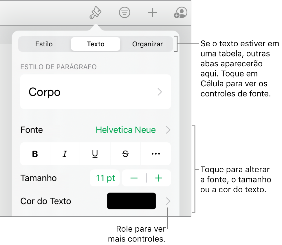 Controles de texto no menu Formatar para definir estilo, fonte, tamanho e cor de caractere e parágrafo.