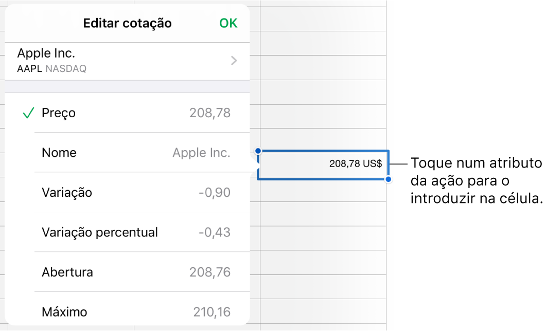 O pop-over de cotação, com o nome do título na parte superior e atributos do título selecionáveis, incluindo o preço, o nome, a variação, a variação percentual, a abertura e o preço mais alto apresentados abaixo.