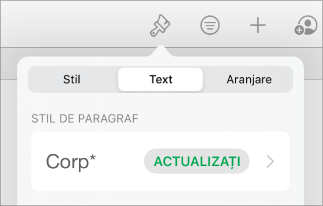 Un stil de paragraf cu un asterisc lângă el și un buton Actualizați în partea dreaptă.