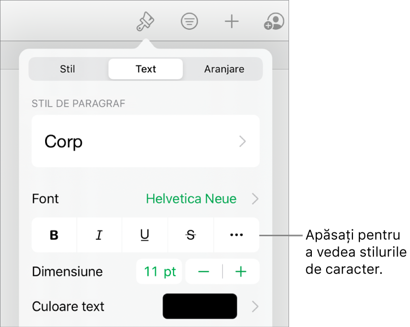 Comenzile Format cu stilurile de paragraf în partea de sus, apoi comenzile Font. Sub Font se află butoanele Aldin, Cursiv, Subliniat, Tăiat cu o linie și Alte opțiuni de text.