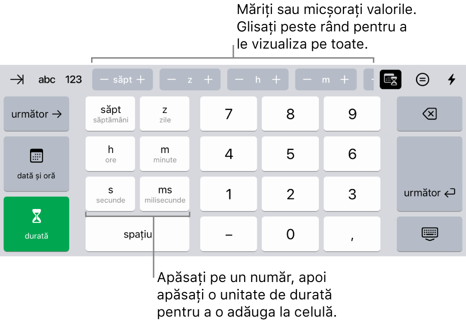 Tastatura durată cu butoanele în partea centrală superioară care afișează unități de timp (săptămâni, zile și ore) pe care le puteți incrementa pentru a schimba valoarea în celulă. Pe stânga se află taste pentru săptămâni, zile, ore, minute, secunde și milisecunde. Tastele numerice sunt în centrul tastaturii.