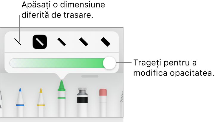 Comenzile pentru alegerea unei dimensiuni de trasare și un glisor pentru ajustarea opacității.