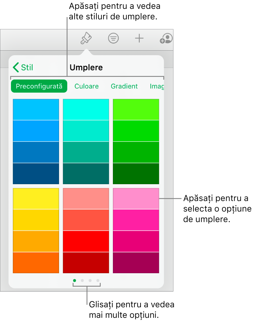 Comenzi de umplere din fila Stil a barei laterale Format.