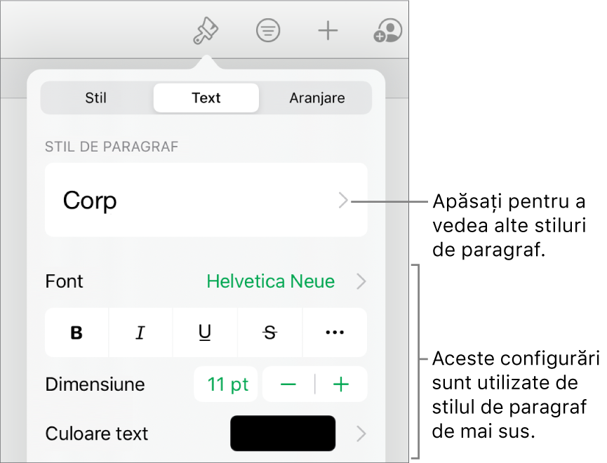 Meniul Format afișând comenzi de text pentru configurarea stilurilor, fonturilor, dimensiunii și culorii paragrafelor și caracterelor.
