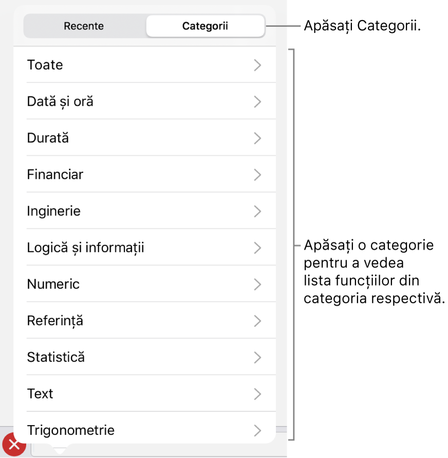 Browserul de funcții cu butonul Categorii selectat și lista categoriilor mai jos.