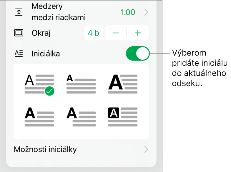 Ovládacie prvky Iniciálka v spodnej časti menu Text.