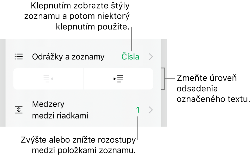 Sekcia Odrážky a zoznamy ovládacích prvkov Formát s bublinami popisujúcimi položku Odrážky a zoznamy, tlačidlami odsadenia a ovládacími prvkami na nastavenie medzery medzi riadkami.