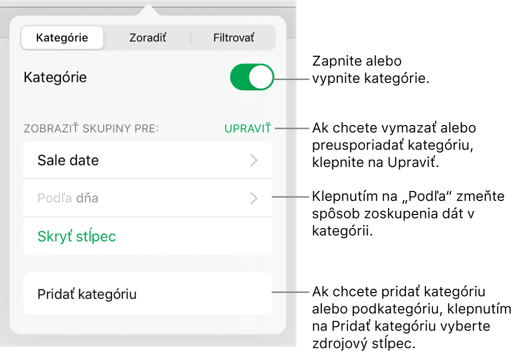 Menu Kategórie pre iPad s možnosťami vypnutia kategórií, vymazania kategórií, zmeny zoskupenia dát, skrytia zdrojového stĺpca a pridania kategórií.