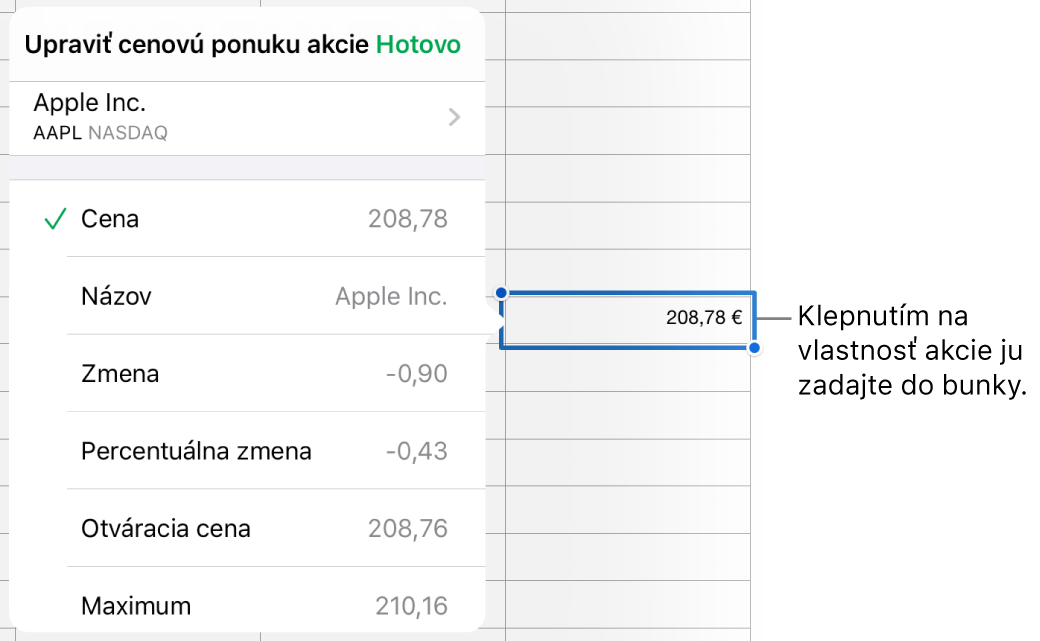 Vyskakovacie okno cenovej ponuky akcie s názvom akcie v hornej časti a možnosťami výberu atribútov akcie vrátane ceny, názvu, zmeny, percentuálnej zmeny, otváracej a najvyššej ceny v dolnej časti