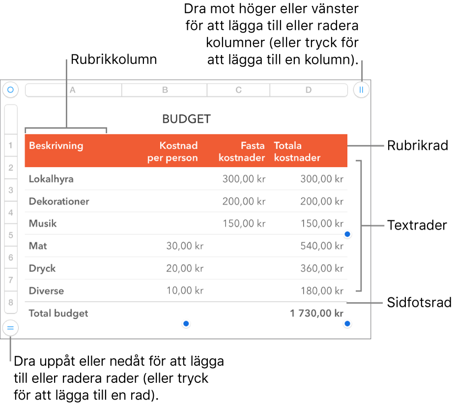 En tabell med rubrik-, text- och sidfotsrader och -kolumner, och handtag för att lägga till eller ta bort rader och kolumner.