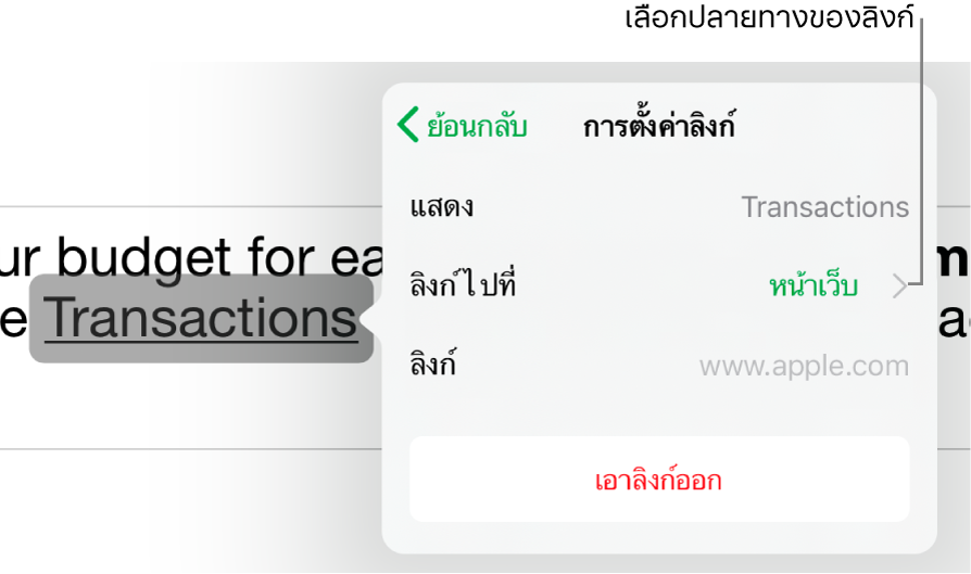 ตัวควบคุมการตั้งค่าลิงก์โดยมีช่องต่างๆ สำหรับการแสดงผล ลิงก์ไปที่ (หน้าเว็บถูกเลือกอยู่) และลิงก์ ปุ่มเอาลิงก์ออกอยู่ด้านล่างสุด