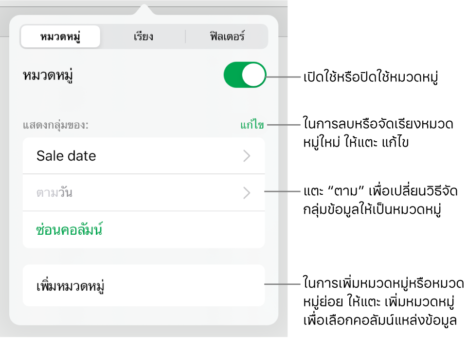 เมนูหมวดหมู่สำหรับ iPad พร้อมตัวเลือกสำหรับปิดใช้หมวดหมู่ ลบหมวดหมู่ จัดกลุ่มข้อมูลอีกครั้ง ซ่อนคอลัมน์แหล่งข้อมูล และเพิ่มหมวดหมู่