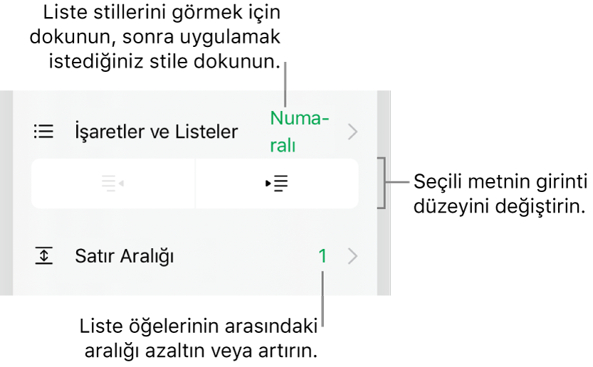 Madde İşaretleri ve Listeler, çıkıntı ve girinti düğmeleri ve de satır aralığı denetimlerini gösteren belirtme çizgileri ile Biçim denetimlerinin Madde İşaretleri ve Listeler bölümü.