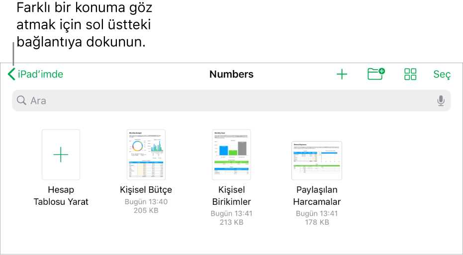 Sol üst köşede konum bağlantısı ve onun altında Arama alanıyla hesap tablosu yöneticisinin göz at görüntüsü. Ara'nın bir altındaki satırda bir klasör ekleme düğmesi; öğeleri ada, tarihe, boyuta ya da etiketlere göre sıralama düğmeleri; simge ve liste görünümleri arasında geçiş yapma düğmesi. Bunların altındaysa var olan hesap tablolarının küçük resimlerinin yanında Hesap Tablosu Yarat düğmesi vardır. Ekranın en altında Son Kullanılan düğmesi ve Göz At düğmesi vardır.