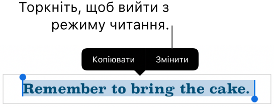 Вибрано речення, зверху є контекстне меню з кнопками «Копіювати» й «Редагувати».