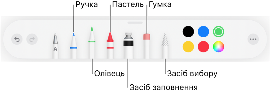 Панель малювання з пером, олівцем, пастеллю, інструментом заповнення, гумкою, інструментом вибору й кольорами. Праворуч у кінці панелі — кнопка «Ще».