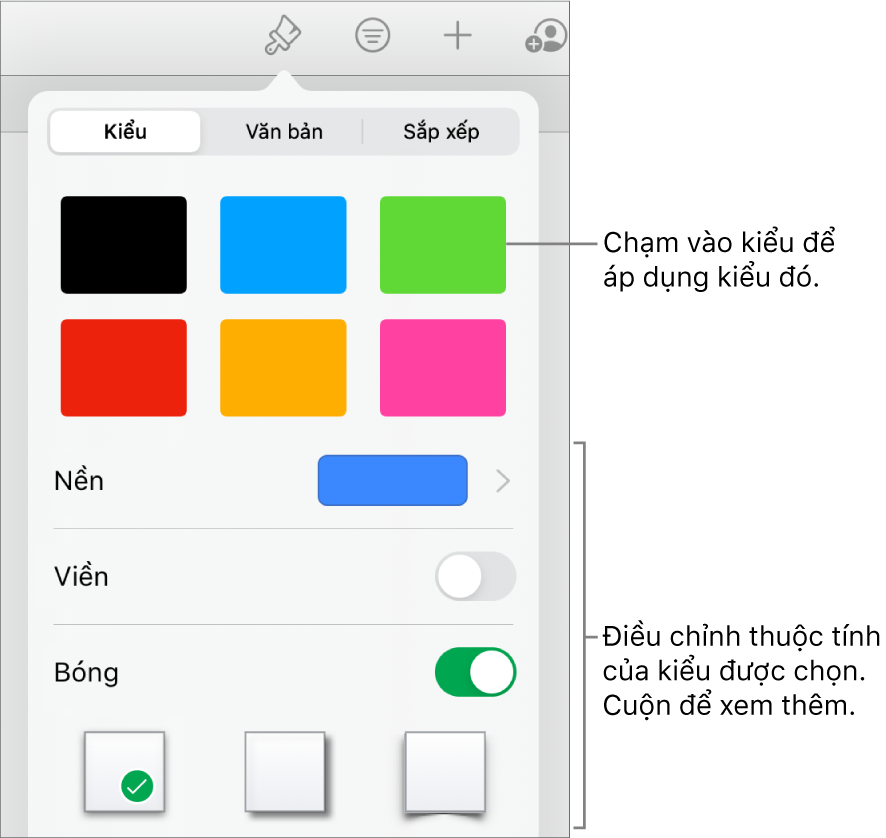 Tab Kiểu của menu Định dạng với các kiểu hình ở đầu và các điều khiển ở bên dưới để thay đổi nền, đường viền và bóng.