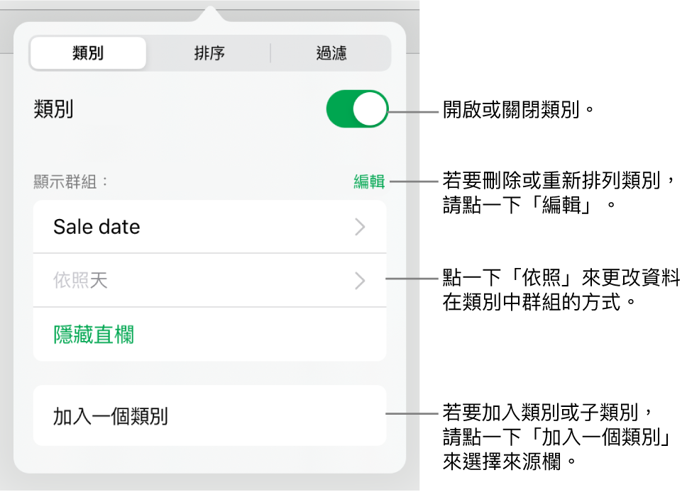 iPad 版的「類別」選單包含以下選項：關閉類別、刪除類別、重新分類資料、隱藏來源欄和加入類別。