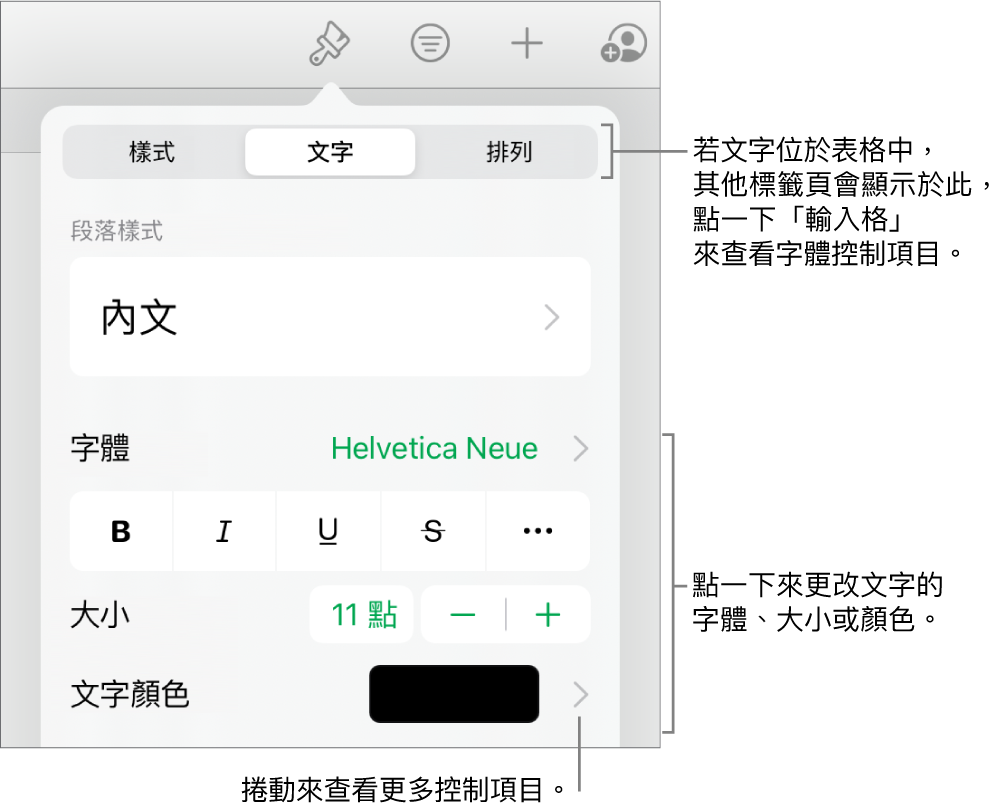 「格式」選單中設定段落及字元樣式、字體、大小和顏色的文字控制項目。