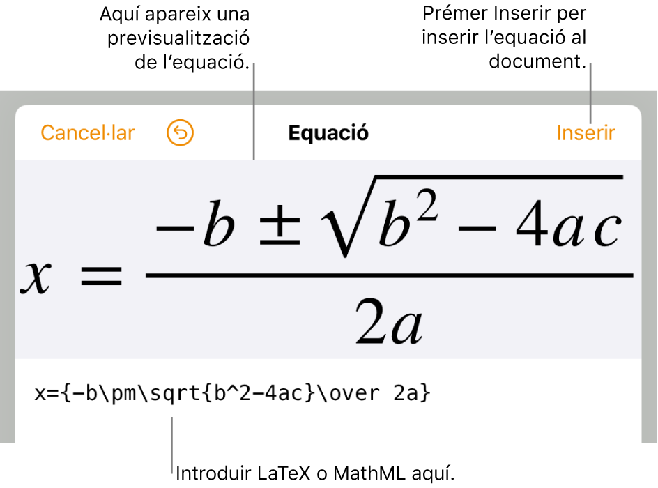 El quadre de diàleg per editar l’equació amb la fórmula quadràtica escrita amb les ordres LaTeX i una previsualització de la fórmula al damunt.